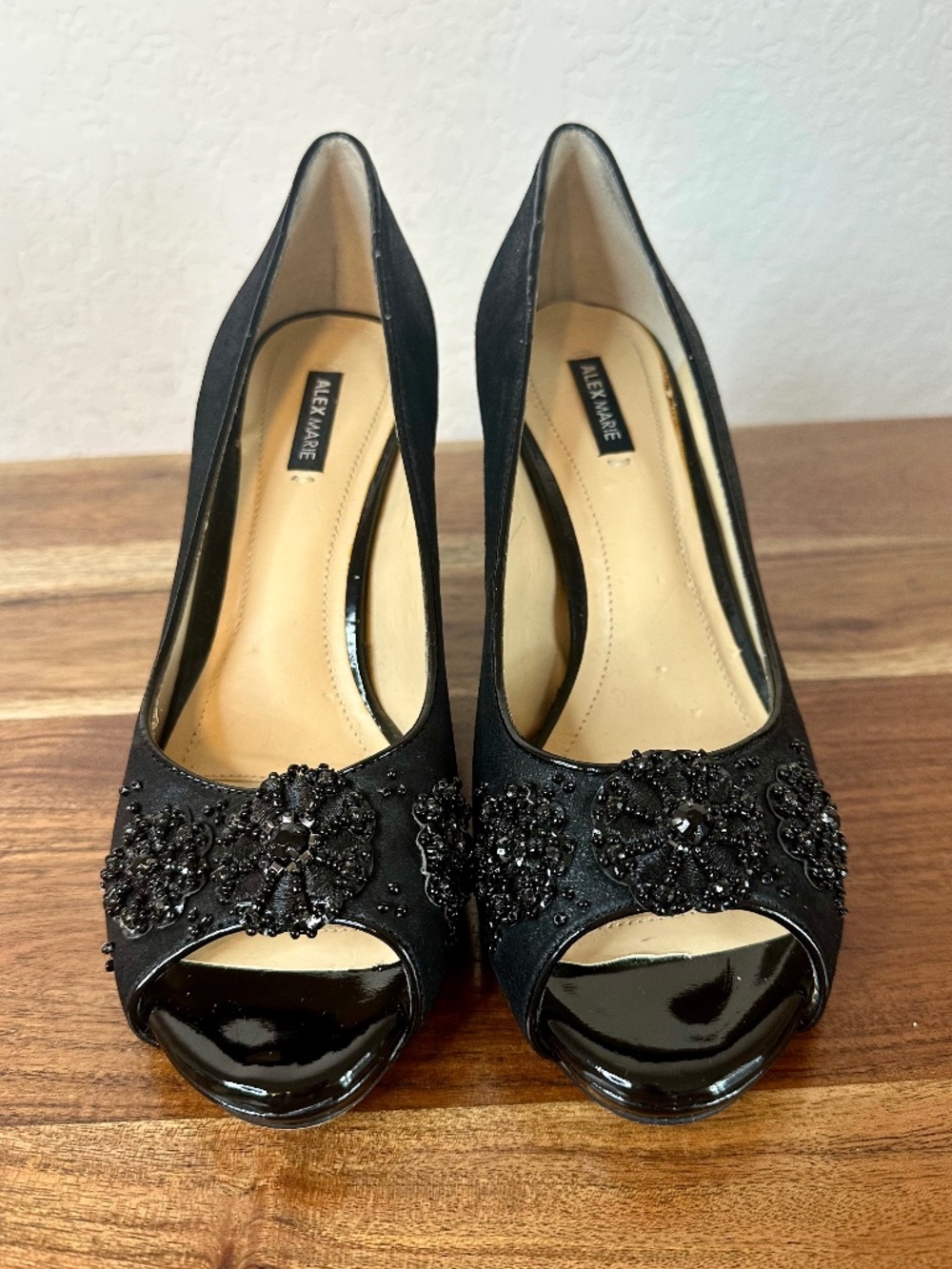 Alex Marie 'Lauryn' Jeweled Black Peep-Toe Pumps, Size 6.5
